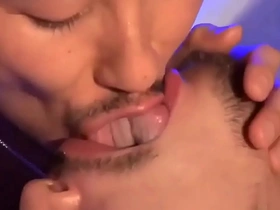 Two gay men tongue and spit kissing (lots of tongue)