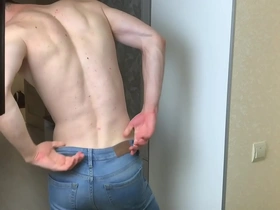 Hot boy in blue skinny jeans stroking his long dick (23cm)/ huge cum load