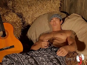 Gay asian muscle guitarist plays with cock on the hay